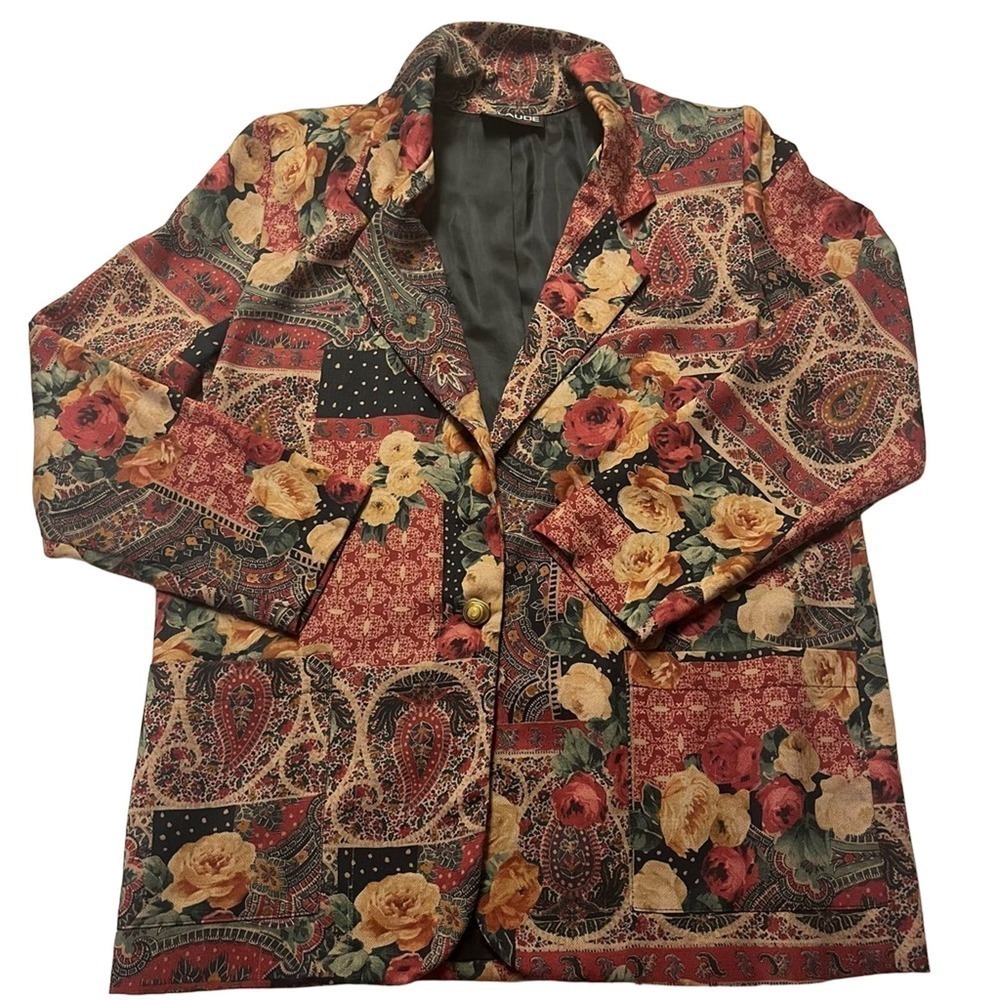 Vintage Claude Women’s Floral Button Collared Blazer With Shoulder Pads Size M